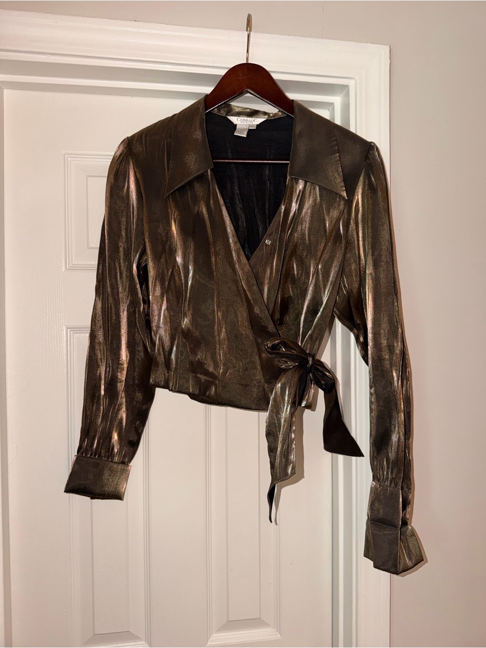 Shimmery Vintage Gold Green Wrap Blouse with Tie Waist